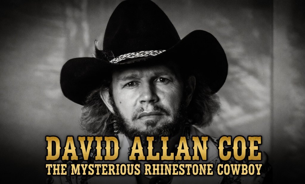 Black and white portrait of country music legend David Allan Coe wearing a black cowboy hat and ornate jacket, looking intensely at the camera. Text overlay reads "David Allan Coe - The Mysterious Rhinestone Cowboy".