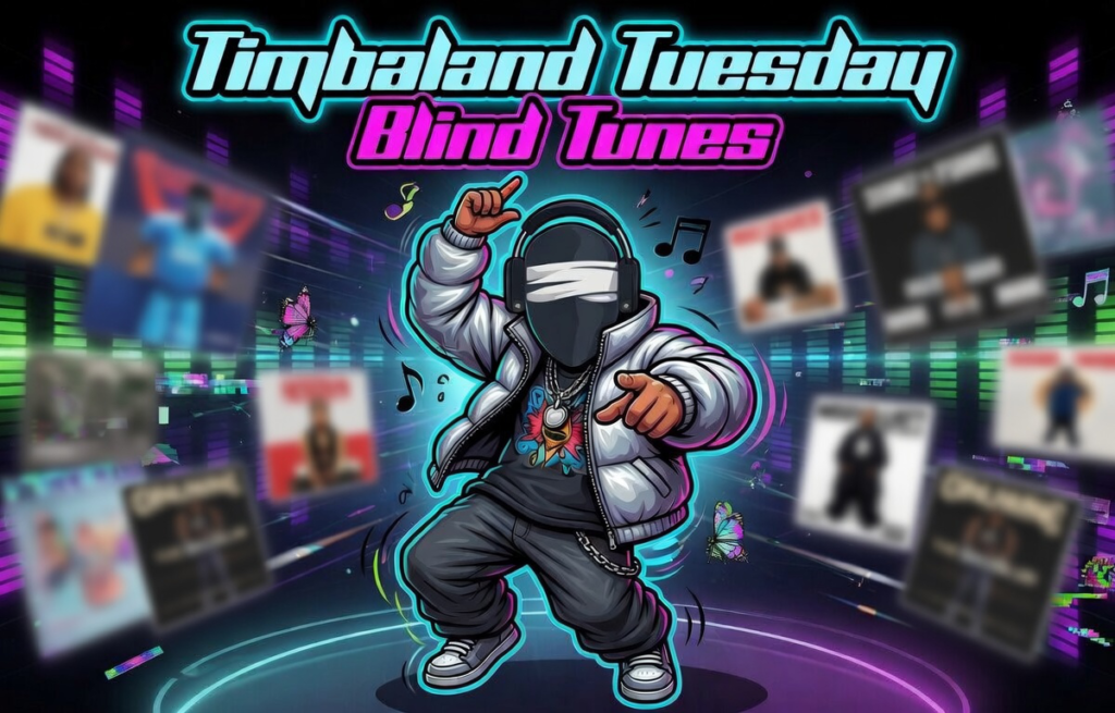 Timbaland Tuesday Blind Tunes challenge graphic featuring the Blind Tunes character dancing among floating album covers in a vibrant neon style.