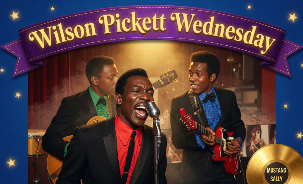 Colorful promotional image for Wilson Pickett Wednesday on Blind Tunes — Wilson Pickett singing with a full band on stage, purple banner, and Mustang Sally golden record.