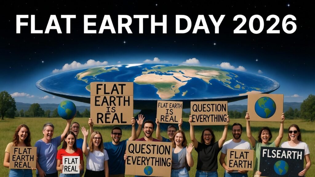 Image of people rejoicing about flat earth 2026 for Earth Day 2026