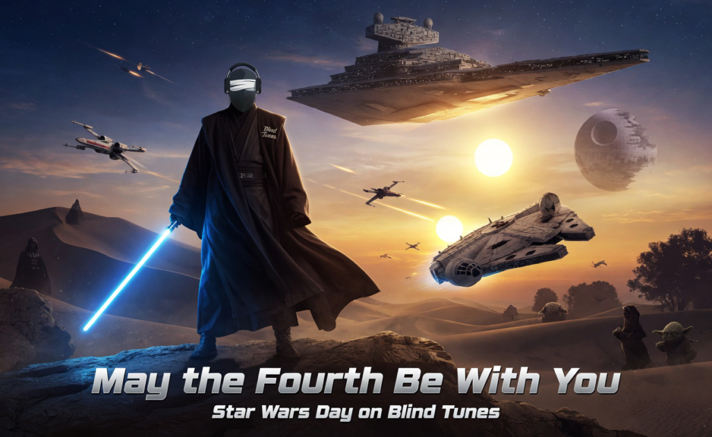 Epic Star Wars Day illustration featuring the Blind Tunes character as a Jedi Knight standing on Tatooine with a glowing blue lightsaber. In the background: the Millennium Falcon, a Star Destroyer, X-Wings, TIE fighters, the Death Star, Yoda, and Darth Vader under a dramatic twin sunset. Text reads "May the Fourth Be With You - Star Wars Day on Blind Tunes".