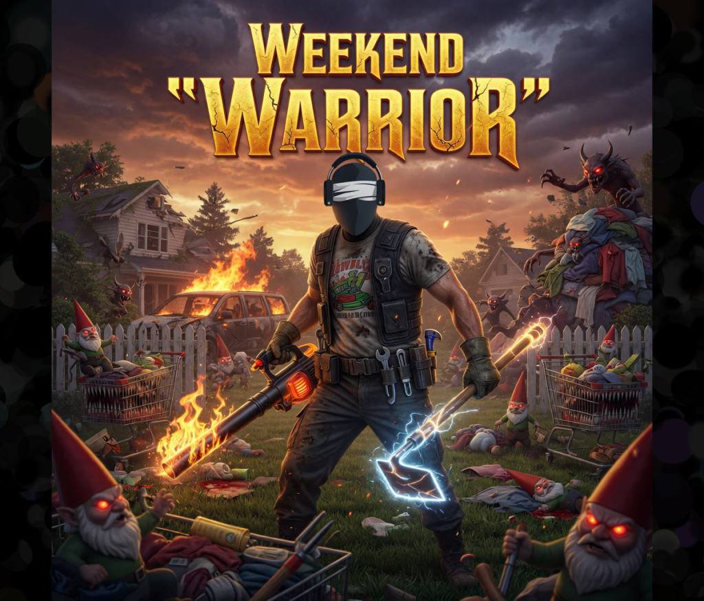 Epic fantasy illustration for Weekend Warrior on Blind Tunes. The Blind Tunes character stands as a battle-ready hero in a chaotic suburban yard at sunset, wearing tactical gear and headphones with a white blindfold. He wields a flaming leaf blower in one hand and a glowing electric axe in the other, surrounded by evil glowing-eyed garden gnomes, shopping carts, and demonic creatures amid burning cars and laundry chaos. Bold golden text reads "Weekend 'Warrior'".