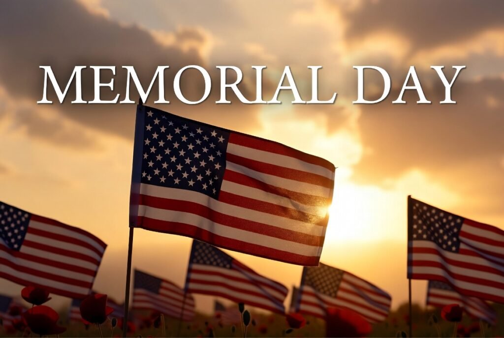 Respectful Memorial Day scene at golden sunset with multiple American flags flying at half-staff, gently waving in the breeze. Red poppies are visible in the foreground. Large, elegant white text reads "MEMORIAL DAY".